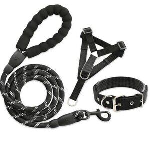 NWOT 3PC ADJUSTABLE DOG CHEST HARNESS, leash & Collar SET - LARGE - BLACK